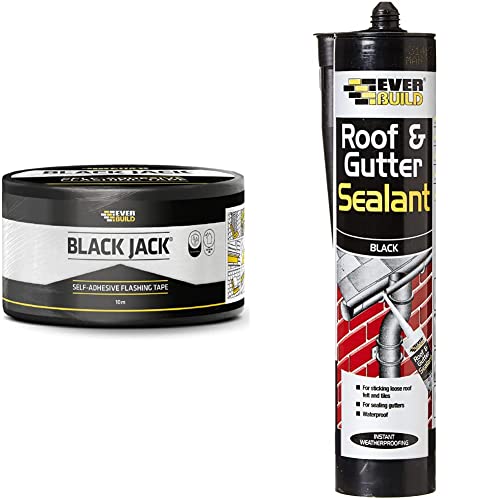 Everbuild EVBFLAS150 Black Jack Flashing Trade Tape, Lead Look, 150 mm x 10 m & EVBROOFBL Roof & Gutter Sealant, Butyl Based Sealant and Adhesive for Roofing, Black, 295 ml