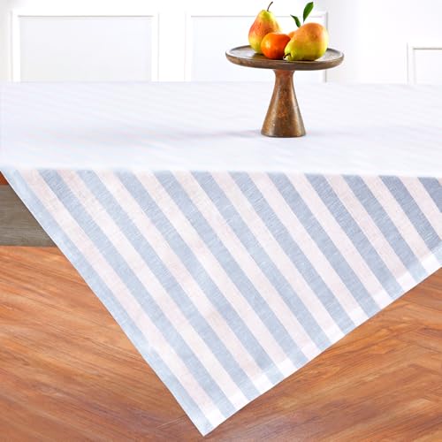 Solino Home 100% Pure Linen Table Cloth, Throw, 52 x 52 in, Blue Striped