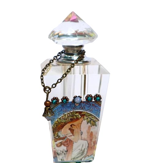 Romantic Bedroom Vanity Decor Vintage Style Alphonse Mucha Art Nouveau Small Glass Perfume Bottle with Dauber Stick Velvet Bottom Crystal Rhinestones Gift for Her Women4