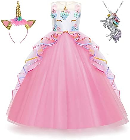 Yipkorra Unicorn Dress for Girls Unicorn Costume Pageant Princess Party Birthday Long Gown with Unicorn Headband & Necklace (Pink, 120 4-5 Years)