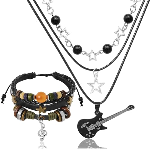 RechicGu Multilayer Y2k Star Guitar Necklace Fairy Grunge Bracelets with Swirl Music Note Handmade Fairycore Gothic Jewelry Set Accessories Punk Rock Roll for Women Men Hollow