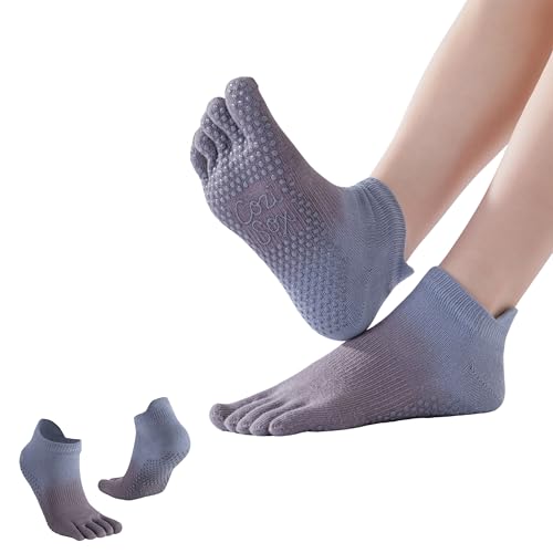 CoziSox 2 Pares Calcetines Antideslizantes Mujer - Calcetines Yoga Antideslizantes Cinco Dedos con Soporte del Arco, Calcetines Pilates Mujer para Fitness Danza de Algodón Degradado, Gris, S