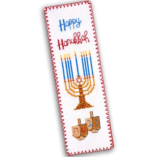 Image of Povitrulya Counted Cross Stitch Kit 'Happy Hanukkah' - DIY Embroidery Book Marker Set for Adults with Paper Pattern, 16 Count Aida Canvas and Presorted Floss