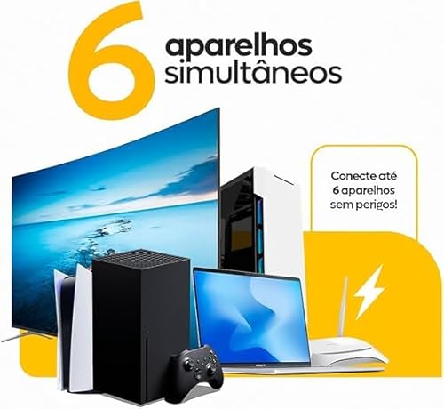 Extensão Elétrica 6 Tomadas 3 Metros, Bivolt (110/220), Filtro de Linha com Fusível, Interruptor Lig