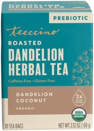 Teeccino Dandelion Coconut Tea - 10 Tea Bags - Caffeine Free, Roasted Herbal Tea with Prebiotics, 3x More Herbs than Regular Tea Bags, Gluten Free