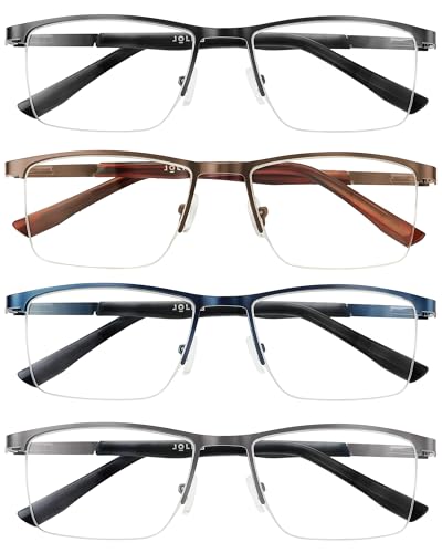JOLISU 4 Pack Reading Glasses Men, Blue Light Blocking Computer Half Frame Metal Readers Spring Hinge Eyeglasses(1.75)