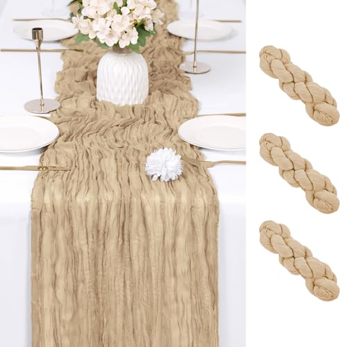 RealBox 3 Pack Beige Cheesecloth Table Runner 17x108 Inch Semi Sheer Boho Gauze Cheese Cloth Fabric Table Runners Table Decor for Wedding Party Baby Shower Birthday Home Decor Garden Farmhouse