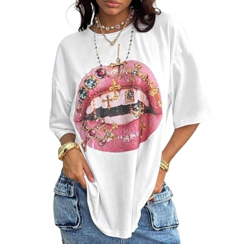 QJQ Womens Lip Graphic Tees Crewneck Short Sleeve Tshirts Summer Streetwear Vintage Tops 2026 White One Lip Medium