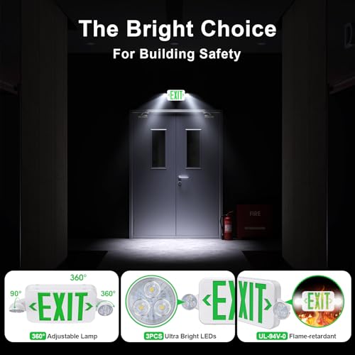 SASELUX Led Exit Sign Emergency Light Combo Adjustable Two Head,Double Sided and Battery Backup Exit Light,Green Letter Hardwired Emergency Exit Sign,AC 120/277V,UL Listed,Ceiling&Wall Mount (1 Pack)