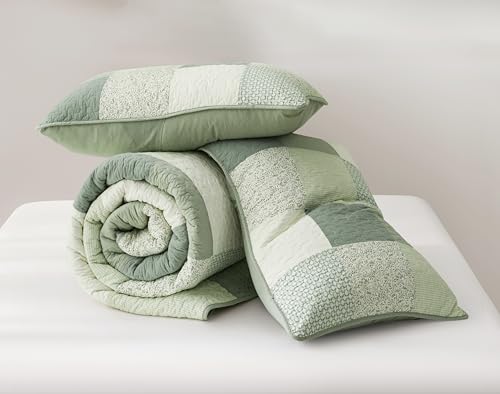 Chezmoi Collection Orna 2-Piece Chic Patchwork Quilt Set - Green Floral Patch Coverlet - Pre-Washed Cotton Lightweight Reversible Bedspread, Twin Size by Chezmoi Collection - Image 9
