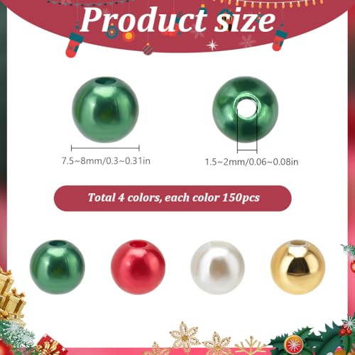 SOFPLATE 600pcs 4 Colors 8mm Imitation Pearl Beads Christmas Theme Acrylic Plastics Red Green Gold Dyed Faux Artificial Pearls Bulk for Jewellery Making DIY Holiday Necklaces Earrings - Image 2