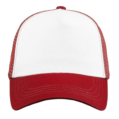 Falari 5-Panel Mesh Baseball Cap, Trucker Hat, Structured Plain Design, Cotton, Adjustable Size - Burgundy