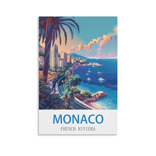 Poster de voyage vintage de Monaco Côte d'Azur française - Impression sur toile pour décoration murale - 20 x 30 cm