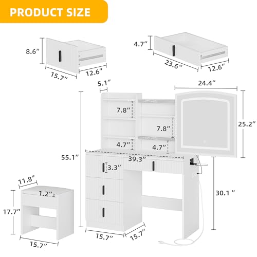 DWVO Makeup Vanity Desk with LED Lighted Mirror & Power Outlet, Fluted Large Vanity Set with 4 Drawers, 3 Color Brightness Adjustable, Lots Storage Dressing Table with Chair for Bedroom, White
