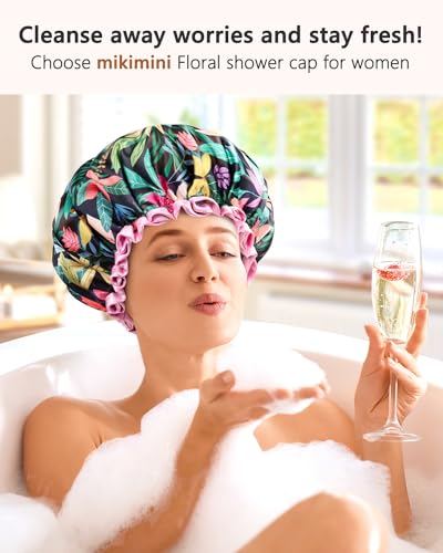 mikimini Large Shower Cap for Women Long Hair, Rainforest Bath Shower Caps with Pink Lace, Reusable Waterproof Shower Hat for Girls — view 6