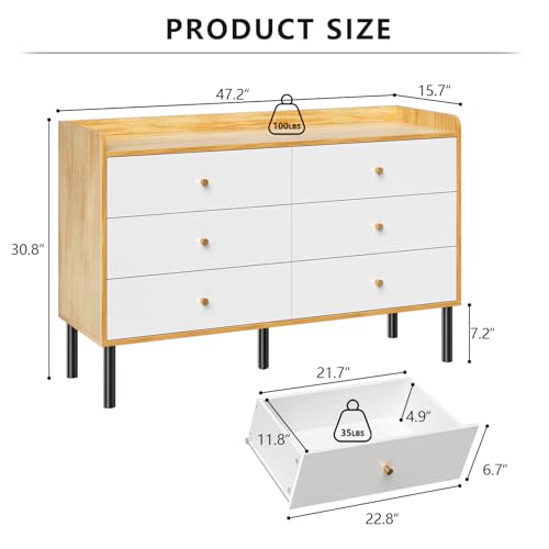 LYNSOM Dresser for Bedroom, 6 Drawer Natural Wood Dresser with Wide Drawer and Metal Handles, Modern Dressers & Chests of Drawers for Hallway Entryway