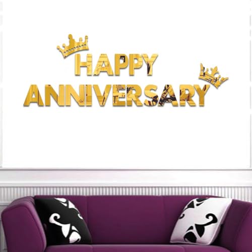 Image of Bikri Kendra - Happy Anniversary with King & Queen Crown Letter Mirror Sticker, Acrylic stikcer, Decorative Mirror Sticker for Wall, Bedroom, Hall, Living Room, Kitchen. (Gold Anniversary)