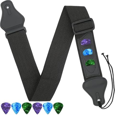 Qiifaiikooii Guitar Strap,Guitar Straps Electric With 3 Pick Holders,6 PCS Picks Guitar Accessories,Easy to Install(Black Cover