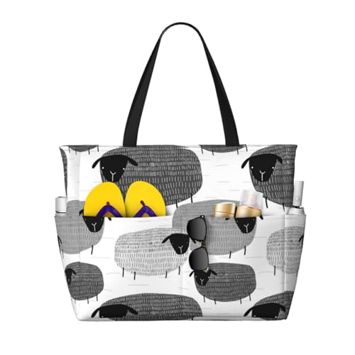 Grand sac de plage moutons drôles pour femme en toile grise