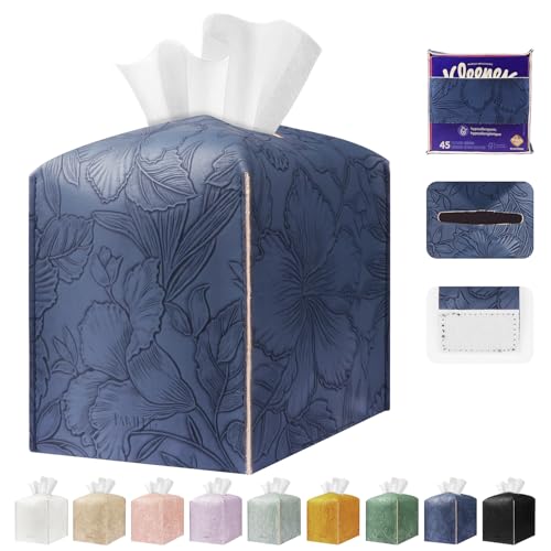 PARIERIS Square Tissue Cube Cover PU Leather Tissue Organizer with Bottom Belt for Bathroom, Tabletop, Kitchen, Night Stands, Office, Home, Car (Oceanblue)
