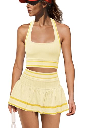 LAMISSCHE Tennis Skirt Sets Women 2 Piece Outfits Summer Yoga Skort Set Seamless Halter Top and Skirt with Pockets3