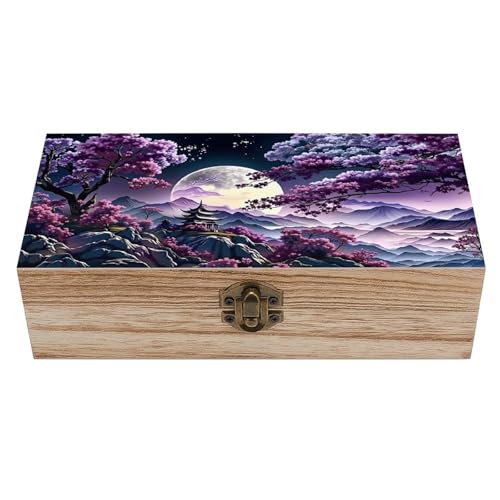 YCJUGWSP Cherry Blossom Moon Wooden Storage Box with Hinged Lock,Decorative Handmade Keepsake Jewelry Chest, Elegant Retro Decor Boxes, Compact Organizer Box for Home, Wedding, Gifts