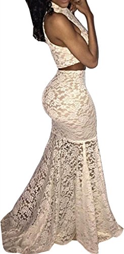 Snow Lotus Women's High Collar Lace Two-Piece Mermaid Tail Ball Gown Champagne #TOP1