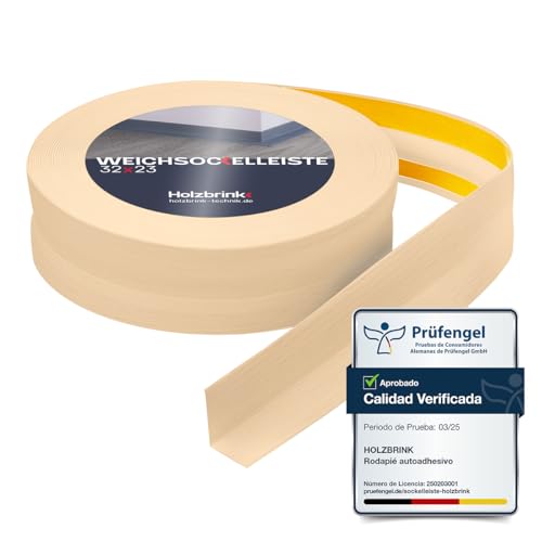 HOLZBRINK Rodapie PVC adhesivo 32x23mm, 5 m | Rodapie flexible para el acabado de encimeras cocina, muebles baño | Perfil PVC | Color: pino