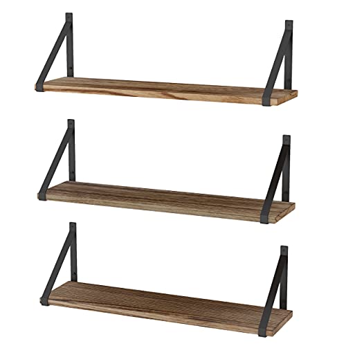 Wallniture Bora Floating Shelves For Wall, 24"X6" Bathroom Storage Shelves, Rustic Wood Shelf Set Of 3, Burned Finish #TOP7