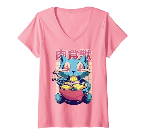 Womens Weirdcore Vaporwave Anime Ramen Cat Weird Japanese Kawaii V-Neck T-Shirt