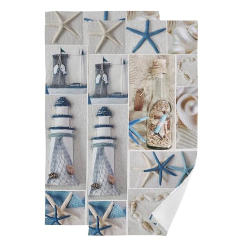 KENADVI Set di 2 asciugamani da bagno con motivo nautico blu e bianco, morbidi e assorbenti, a tema spiaggia con stella marina, faro costiero, asciugamani decorativi per bagno, ospiti, doccia, viso,