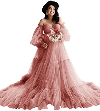 Puffy Sleeve Tulle Maternity Robe for Photoshoot Off Shoulder Ball Gown Maternity Baby Shower Dress Dusty Rose M