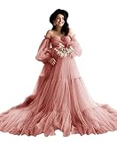 Puffy Sleeve Tulle Maternity Robe for Photoshoot Off Shoulder Ball Gown Maternity Baby Shower Dress
