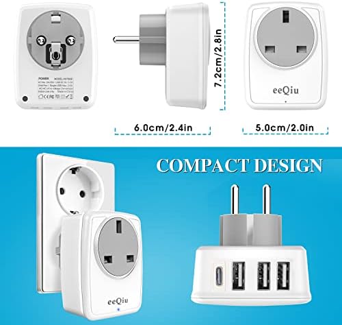 UK to EU Euro Europe Plug Adapter with 3 USB and 1 USB C Ports, eeQiu Euro Travel Adapter 5 in 1 Grounded European Power Plug with USB for France Germany Spain Greece Portugal and More (Type E/F)