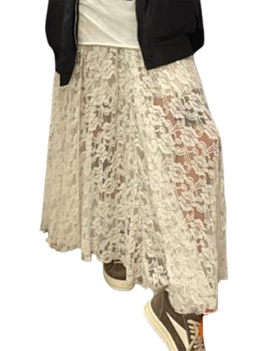 Women's Summer Sheer Lace Maxi Skirt Floral Lace A Line Mesh See Through Flowy Trendy Beach Long Skirts