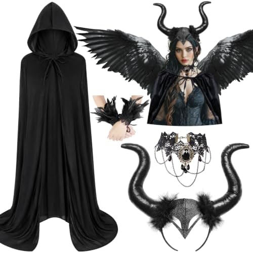 iZoeL Teufel Kostüm Damen, Halloween Kostüm mit Umhang & Teufelshörner | Teufel/Böse Hexenkostüm, Kapuzenumhang, Teufelshörner, Haarreif, TeufelsKette, Halloween, Karneval, Faschin