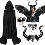 MOVINPE Black Dark Witch Costume Costume Set for Women, Hooded Cape, Long Horn Headband, Lace Choker...