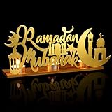 SiliFine 2 Pack Metal Ramadan Mubarak Sign with Wood Base and 3 Tea Candles Eid Mubarak Decorations Kareem Ramadan Decor Islamic Tabletop Decors Moon Stand Letters for Muslim Mosque Party Gifts