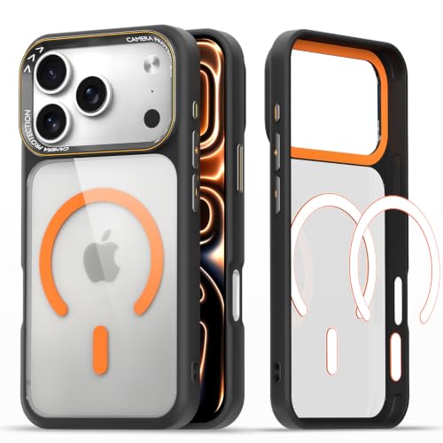 Image of Pikkme Back Cover for iPhone 17 Pro Max | Shockproof | Mag-Safe Compatible | Hard Transparent Back | Premium Raised Camera Protection | Bumper Case (Black & Orange Mag-Safe)