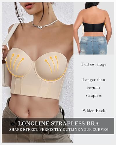 HACI Women's Longline Strapless Bra Bustier Full Coverage Anti Slip Underwire Corset Top3