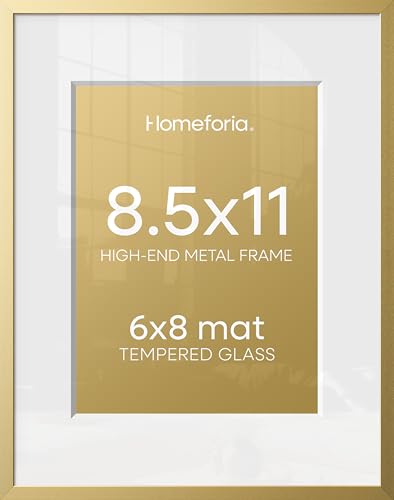 Image of Homeforia 8.5x11 Gold Picture Frame, High-End Metal, 6x8 Mat, Glass | High End Aluminum, Tempered Glass, Acid-Free 6x8 Removable Mat, 8.5x11 in Edge-to-Edge Display 11x8.5, Wall Kit, Set Of 1