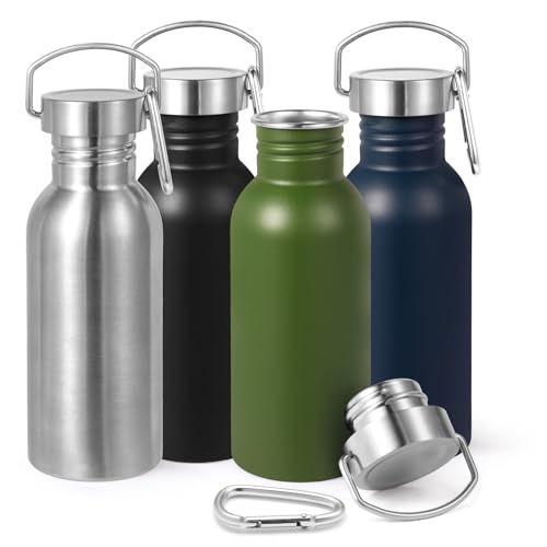 Volhoply 20oz Uninsulated Single Walled Water Bottles 4 Pack, Stainless Steel Reusable Water Bottle with Handle & Carabiner, BPA Free 18/8 304 Sports Water Bottles for Camping Hiking（Mix,4）