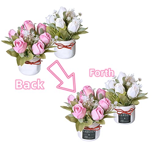 Donmills Artificial Rose Flower Pot, Faux Fake Pink Rose Flowers Bonsai In Ceramic Potted Silk Rose Flower Arrangements For Office Desk Wedding Party Stage Bathroom Cabinet Windowsill Set Of 2 #TOP1
