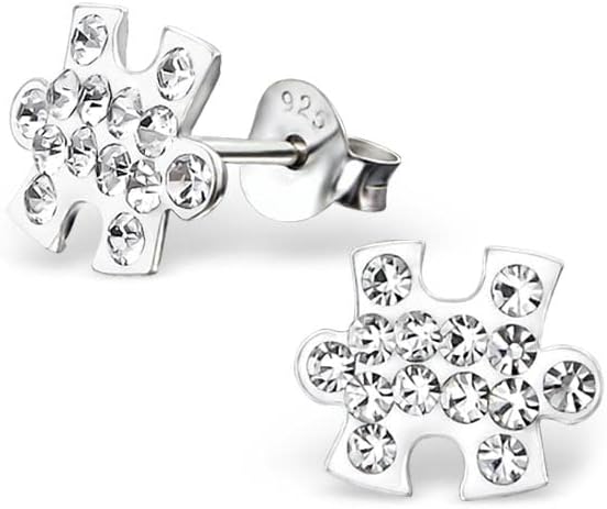 925 Sterling Silver autisn awareness Jigsaw Puzzle Piece w/White Crystals Stud Earrings 19152 E1796