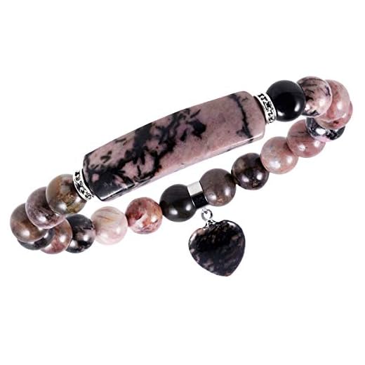 TUMBEELLUWA Healing Stone Bracelet 8mm Beads Chakra Crystal Energy Heart Charm Bracelet Handmade Jewelry for Women, Rhodonite