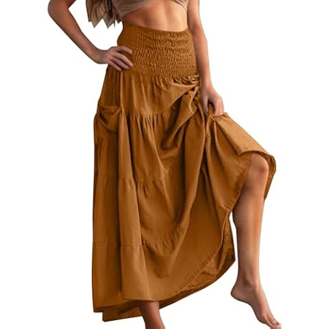 Mrat Skirts for Women UK Summer Boho Maxi Skirt Ladies Elegant Vintage Solid Color Skirts A Line Swing Long Dresses High Elastic Waist Pleated Skirt Gypsy Cover