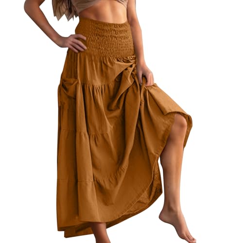 Long Skirts for Women Summer Boho Skirts Trendy Elastic Waist Skirt Pleated Tiered Cotton Maxi Skirt with Pockets