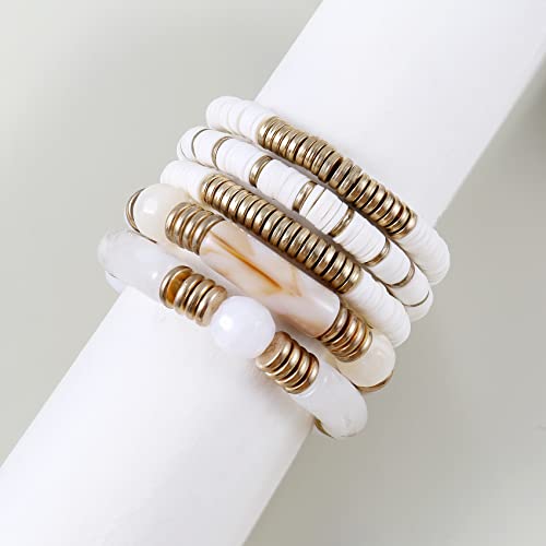 White Bamboo Tube Bangles Bracelet Chunky Curved Stacking Clear Acrylic Colorful Beads Stretchable Friendship Gold Bracelets Gifts For Bestfriends, Couple, Family Members, Siblings, Sister, Lover #TOP3