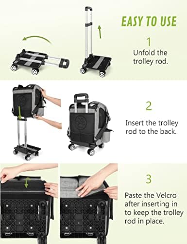 pecute Pet Trolley Backpack, Dog Rucksack Bag on Wheels, Multi-Function Rolling Carrier with Adjustable Height, Multi-Pockets Breathable Pet Travel Carrier for Cats & Dogs (Grey, M)