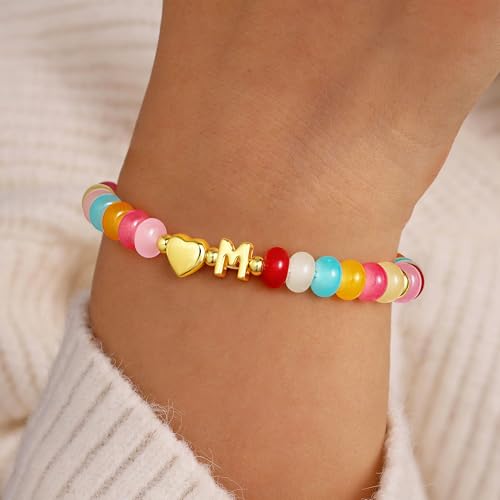 M MOOHAM Colorful Beaded Initial Bracelet for Women - Dainty Beaded Bracelets for Women Trendy Charm Letter A-Z Personalized Heart Jewelry Gifts2